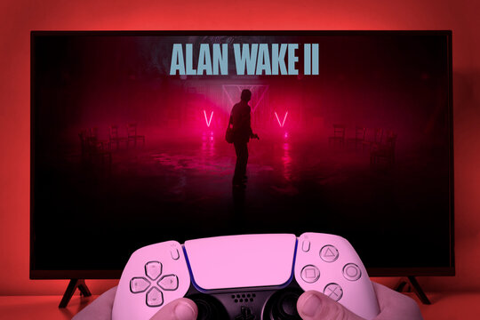 Man playing Alan Wake 2 on TV screen with Playstation 5 controller, 7 Nov, 2023, Sao Paulo, Brazil.