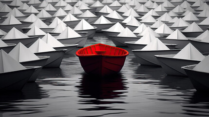 red boat on the water among white boats created with Generative AI technology