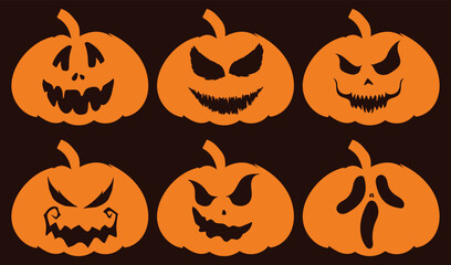 Halloween Pumpkin Set. Smiling cartoon lantern faces. Helloween holiday characters in the shape of pumkin. Flat illustrations