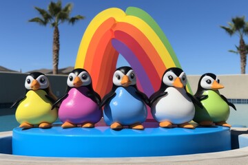 a group of penguins on a blue platform