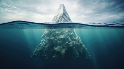 The iceberg floats in the ocean with a view more than half underwater. Concept of global warming, hidden secret, dark web. Generative AI