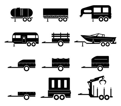 Car trailers black monochrome silhouette cargo transportation side view set vector flat illustration