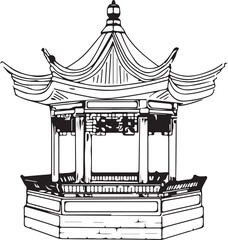 Gufeng Pavilion, Controversial placement of peony pavilion, Beautiful vintage ink Chinese pagodas in chinoiserie style for fabric or interior design, Simple Line Gazebo