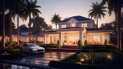 3d rendering of modern cozy house with garage and pool for sale or rent. - obrazy, fototapety, plakaty