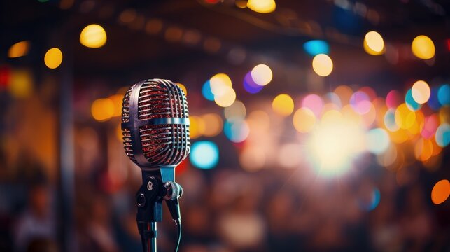 classic microphone in crowd hall