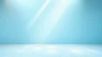 Minimal sky blue room interior with incident light from window. Copy space. Generative AI