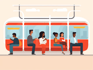 Passengers are using the metro public transport facility to their respective destinations. 2D cartoon style flat illustration.