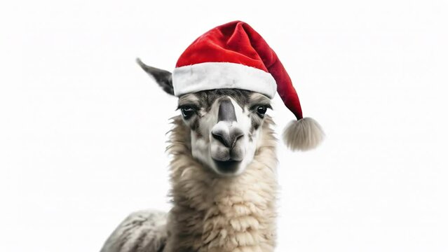 AI generated animation of the llama in Santa Claus hat speaking and looking into the camera. A llama on white background. New Year and Christmas concept. High quality 4k footage