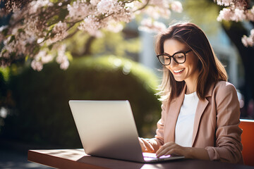 Freelancer woman in glasses with a laptop at a table in nature