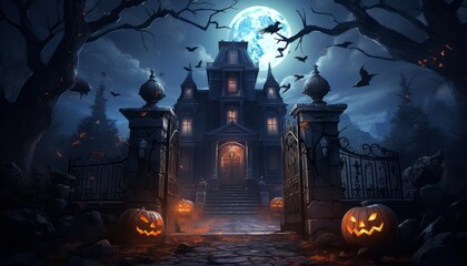 a house with pumpkins and a gate