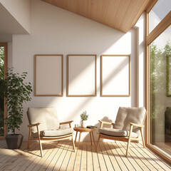 Three vertical frame mock-ups, mock-up poster on the living room wall. Interior model. Apartment background. Modern interior design. 3D render