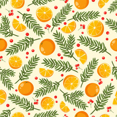 Seamless vector pattern of Christmas decorations, fir branches, oranges, holly berries, snowflakes on a white background. Decorative New Year pattern for holiday packaging, wrapping paper, textiles.