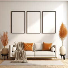 Three vertical frame mock-ups, mock-up poster on the living room wall. Interior model. Apartment background. Modern interior design. 3D render