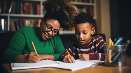 Happy African American mother and son do homework together reading book with school curriculum on table in children room. Love in family and helping child complete tasks. Support from parent to boy - obrazy, fototapety, plakaty