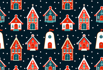 Seamless pattern of cartoon houses with festive Christmas decor. Cozy Christmas Village. Cute whimsical building with snow on dark blue background. Scandinavian style architecture. 