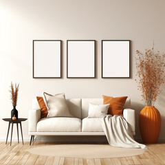 Three vertical frame mock-ups, mock-up poster on the living room wall. Interior model. Apartment background. Modern interior design. 3D render