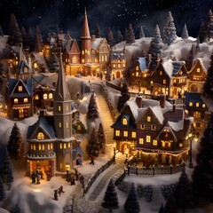 Christmas and New Year miniature village in the snow. Christmas holiday concept.