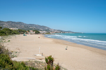 Beach on a sunny day. Mediterranean coast, sea. Alcossebre, Valencia Spain. 