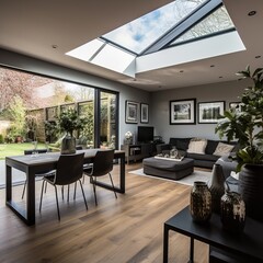 a living room with a skylight - obrazy, fototapety, plakaty