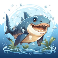 Cute Shark Swimming With Crown , Cartoon Graphic Design, Background Hd For Designer