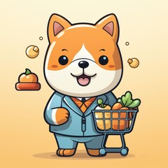 Fototapeta premium Cute Shiba Inu Dog Bring Bone With Trolley , Cartoon Graphic Design, Background Hd For Designer