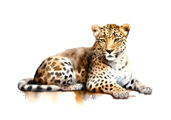 Portrait of a leopard on white background in watercolor style. - obrazy, fototapety, plakaty