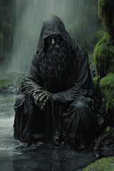 a man in a black robe sitting in a stream