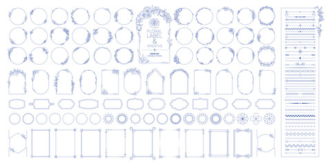 Set of elegant floral logo elements. Borders and dividers, frame corners and branch, Thin line full vector illustrations. © FourLeafLover