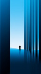 a man standing in a room with tall blue columns