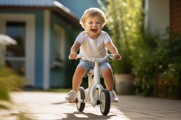 Young Child Joyfully Riding Tricycle in Sunny Backyard - obrazy, fototapety, plakaty