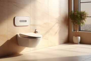 Fototapeta na wymiar Elegant Modern Bathroom with Floating Toilet and Potted Plant