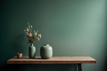 Grüner Wandbereich für Texteingabe. Einfarbiger leerer Raum mit minimalistischem Holztisch. Wand-Szenario-Mockup-Produkt für die Präsentation und als Hintergrund für Werbezwecke - obrazy, fototapety, plakaty