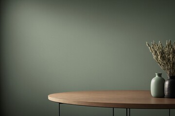 Grüner Wandbereich für Texteingabe. Einfarbiger leerer Raum mit minimalistischem Holztisch. Wand-Szenario-Mockup-Produkt für die Präsentation und als Hintergrund für Werbezwecke - obrazy, fototapety, plakaty