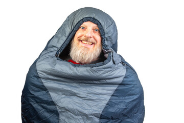 bearded man in a sleeping bag on a white background. equipment for recreation in tourism and travel