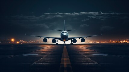 A jet airplane stands ready on the runway, its silhouette stark against the city lights and the twilight sky, capturing the essence of travel - obrazy, fototapety, plakaty