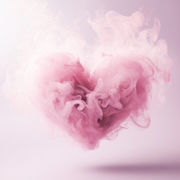 Abstract artwork with a heart shape formed by swirling pink smoke against a soft purple background, conveying a sense of love and dreaminess