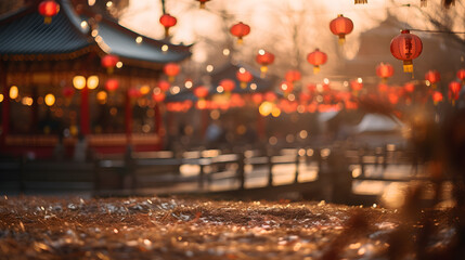 Decoraciones relativas al año nuevo chino, ambiente festivo en exteriores con lámparas y flores alusivas