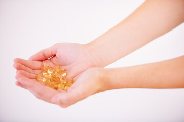 Hands, supplements and vitamin c tablet or pills for healthcare, medicine and benefits....