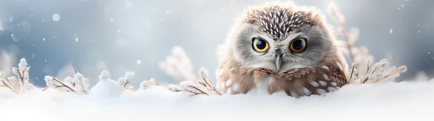 Foto op Canvas Banner with cute owl on snowy winter nature background. Generative AI © Odin
