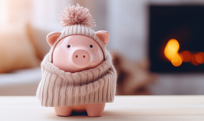 A pink piggy bank money box wrapped up warm with a scarf. Winter heating bills concept