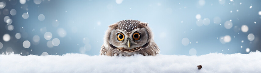 Banner with cute owl on snowy winter nature background. Generative AI