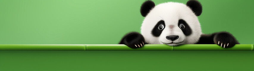 Obraz premium Banner with cute panda with bamboo on isolated green background. Postcard with copy space. Generative AI