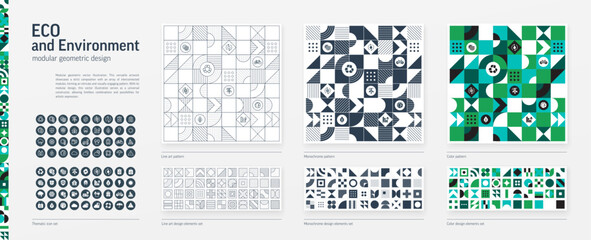 Eco, Environment Modular Geometric Design. Thin Line, Black, White and Color style Pattern. Floral Graphic Elements Set. Recycle, Sustainable Energy Icon. Triangle, Square, Circle Form. Grid Construct - 674692051