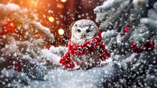 Christmas Owl Animation.  Generated Image. An animation of a Christmas owl in a snowy forest in a snowfall.