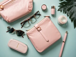 Stylish woman's essentials on pastel background: handbag, cosmetics, glasses, notebook. Top view