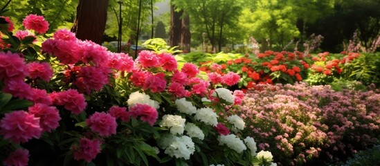 Fototapeta na wymiar In the beautiful garden of vibrant green the colorful and bright floral display of red and pink flowers adds to the beauty of the summer and spring seasons creating a stunning background tha