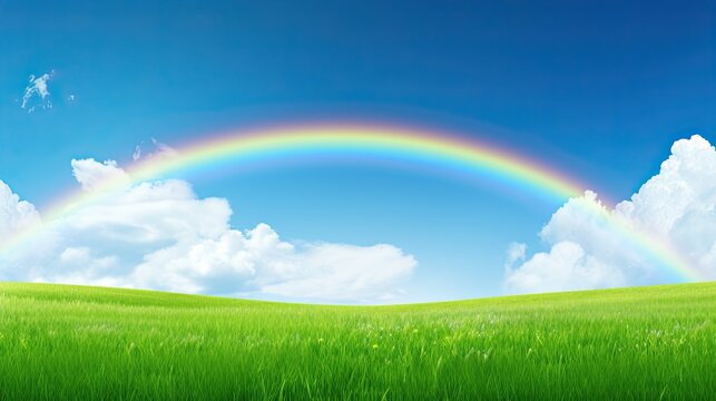 Clear blue sky with a vibrant rainbow stretching across after a refreshing rain shower, symbolizes the colorful and uplifting essence of love.