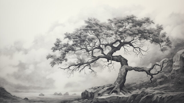 Achromatic graphite pencil drawing of a tree