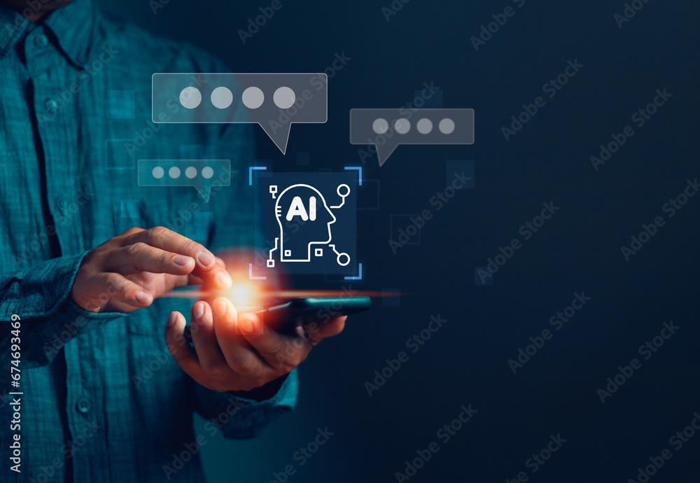 Aufkleber man uses global internet connection to chat with ai, intelligent robot technology, concept of ai tec