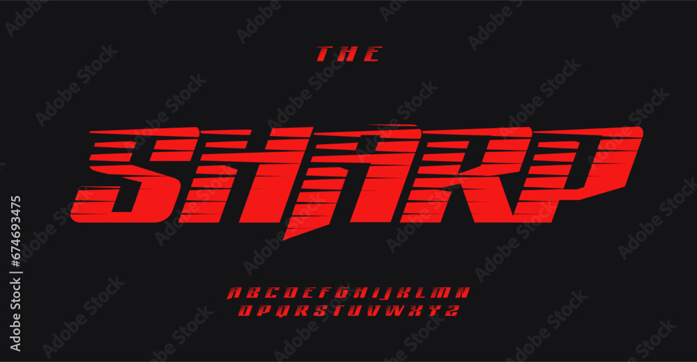 Aufkleber dynamic sports alphabet with edgy cutout lines. sharp angled font for racing logo, fast action, comp